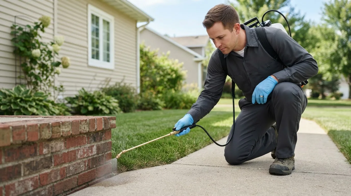 Pest control technician treating a home near Sarles, ND