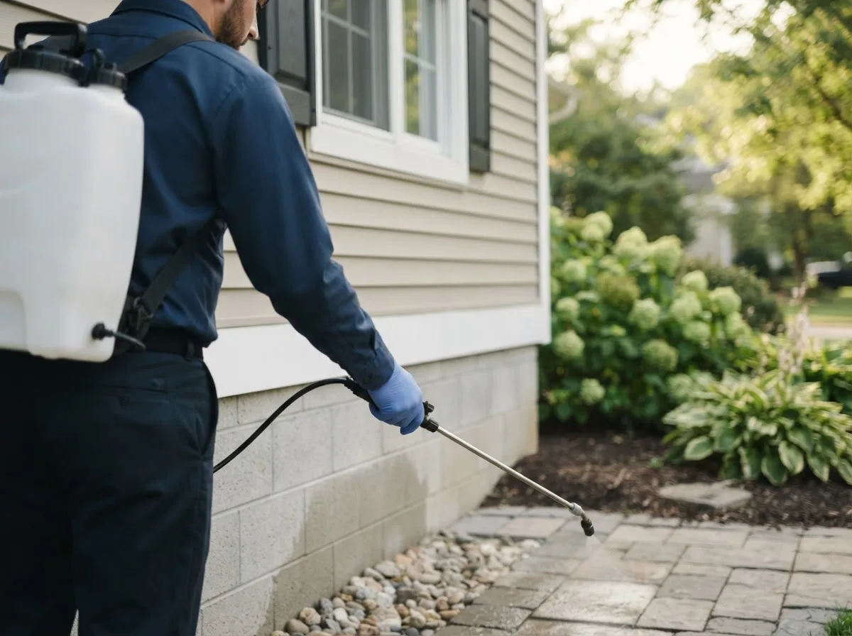 Pest control technician inspecting a home in Sarles, ND